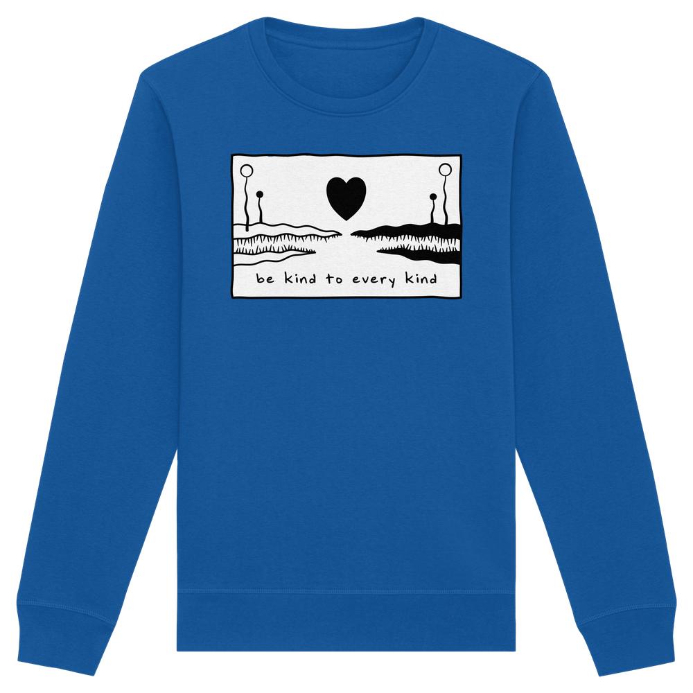 Vegan und Bio Unisex Sweatshirt: Be kind to every kind, blaues Sweatshirt mit weißem Rechteck, schwarzem Herz und spitzen Linien, fördert Liebe und Tierrechte.