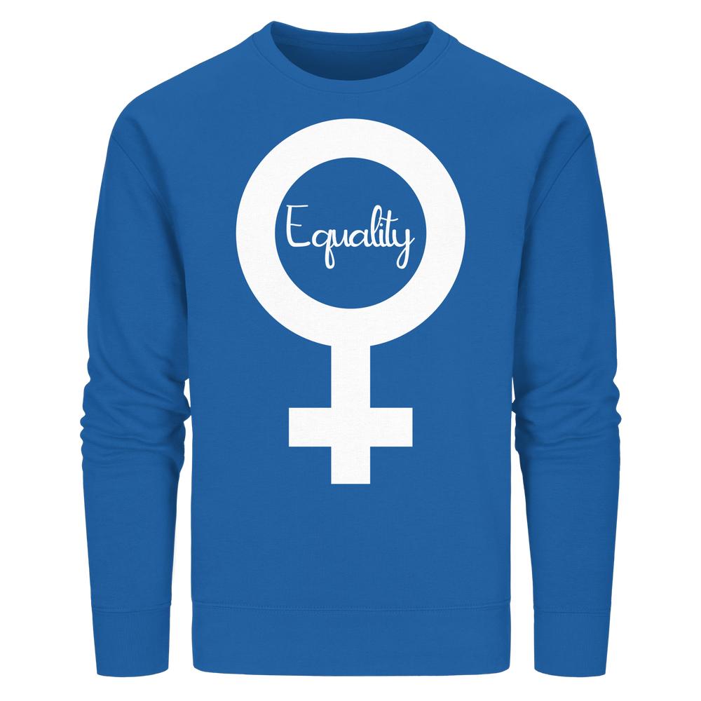 Blaues Unisex-Sweatshirt mit Venus-Symbol und Equality-Schriftzug, aus Bio-Baumwolle und recyceltem Polyester, verkörpert Feminismus und Gleichberechtigung, von RUDE REBEL.