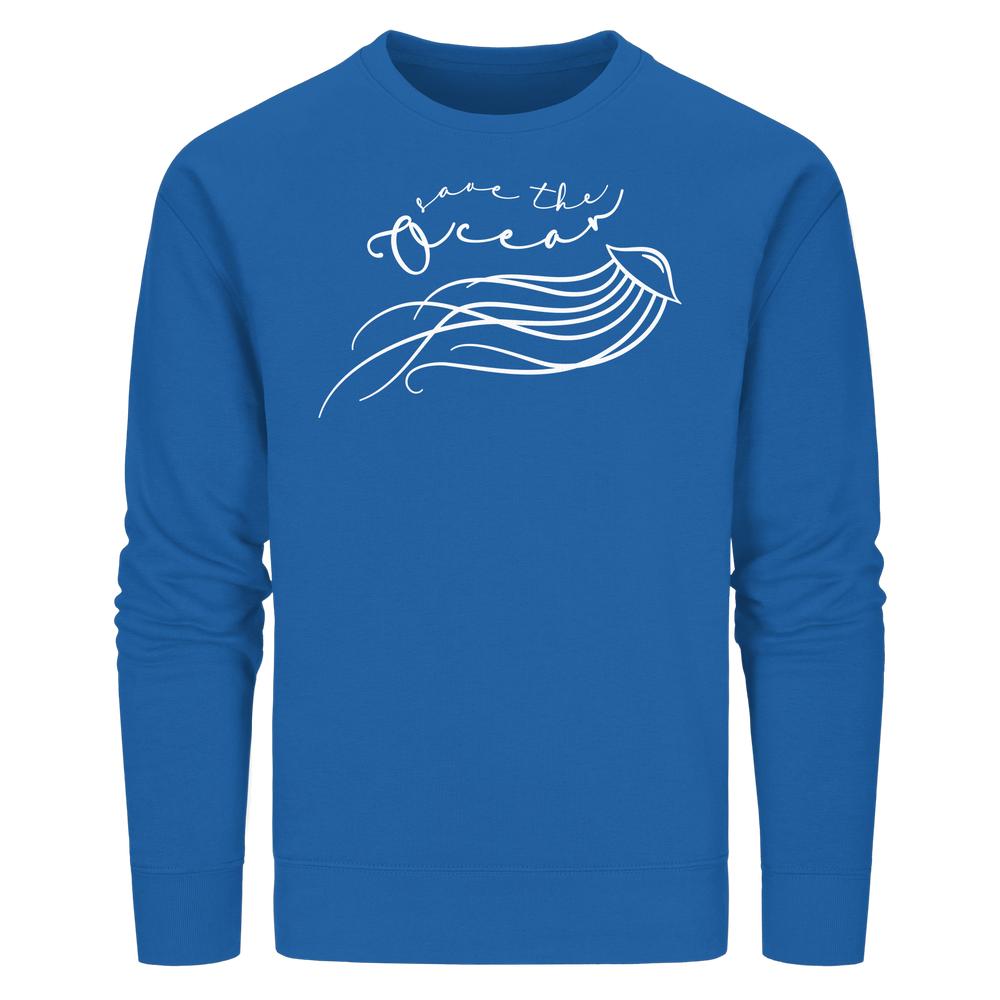 Vegan und Bio Unisex Sweatshirt: Jellyfish - Save the Ocean mit minimalistischer Quallengrafik und Slogan, aus Bio-Baumwolle und recyceltem Polyester, normaler Passform, von RUDE REBEL.