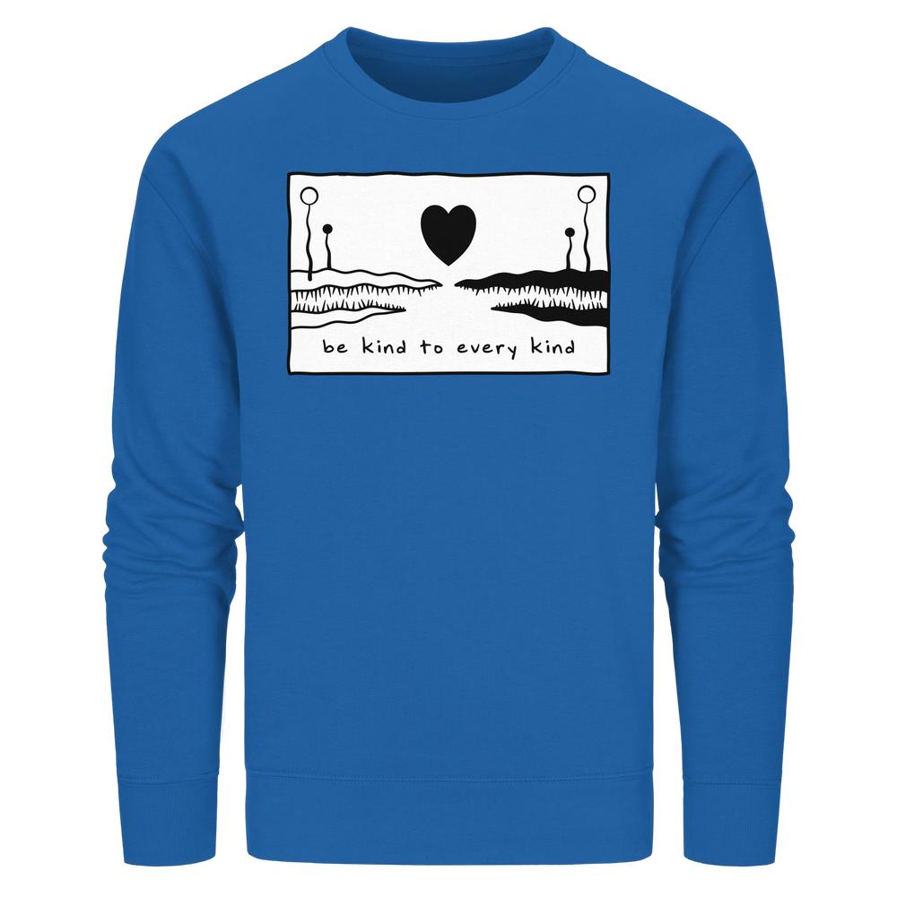 Vegan und Bio Unisex Sweatshirt: Be kind to every kind. Helles Sweatshirt mit abstrakter Grafik und Slogan, aus Bio-Baumwolle und recyceltem Polyester. Nachhaltig und liebevoll designt.