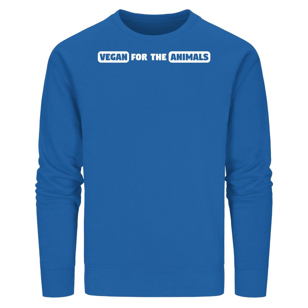 Unisex-Sweatshirt aus Bio-Baumwolle, bedruckt mit VEGAN FOR THE ANIMALS in Weiß. Rebellisches Design von RUDE REBEL, ideal für Tierliebhaber.