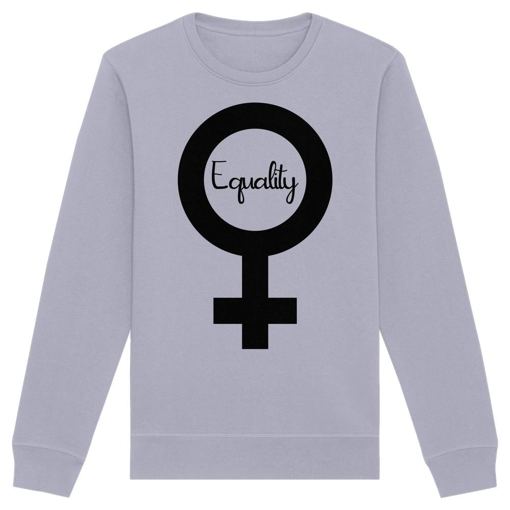 Vegan und Bio Unisex Sweatshirt mit schwarzem Venus-Symbol und Equality Schriftzug, symbolisiert den feministischen Kampf um Gleichberechtigung. Nachhaltig, aus Biobaumwolle und recyceltem Polyester.