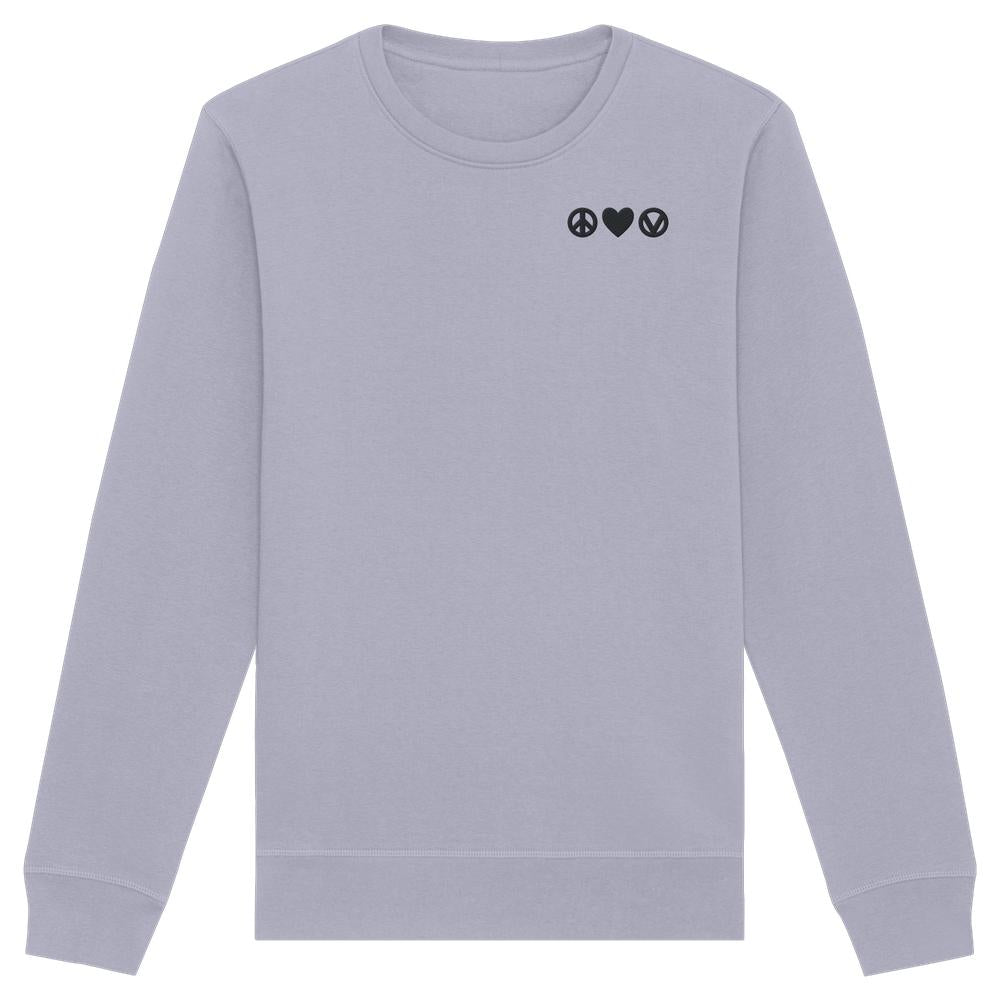 Vegan und Bio Sweatshirt bestickt: Peace - Love - Veganism, langärmelig, mit drei Symbolen auf der Brust. Nachhaltig aus Bio-Baumwolle und recyceltem Polyester gefertigt.