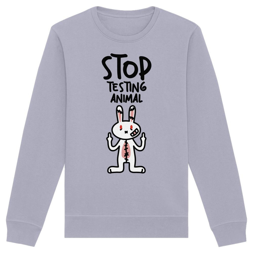 Vegan und Bio: Angry Rabbit - Animal Rights - Organic Basic Unisex Sweatshirt zeigt wütenden Häschen mit Stinkefingern und Anti-Tierversuchs-Botschaft auf lavendelfarbenem Sweatshirt.