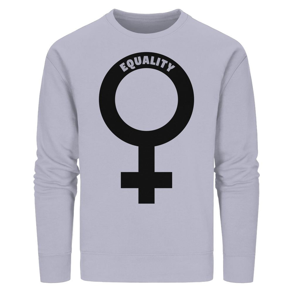 Vegan und Bio Unisex Sweatshirt: Das Venussymbol in Schwarz mit EQUALITY-Schriftzug auf hellgrauem/lavendel Crewneck, symbolisiert feministische Gleichberechtigung und Nachhaltigkeit von RUDE REBEL.