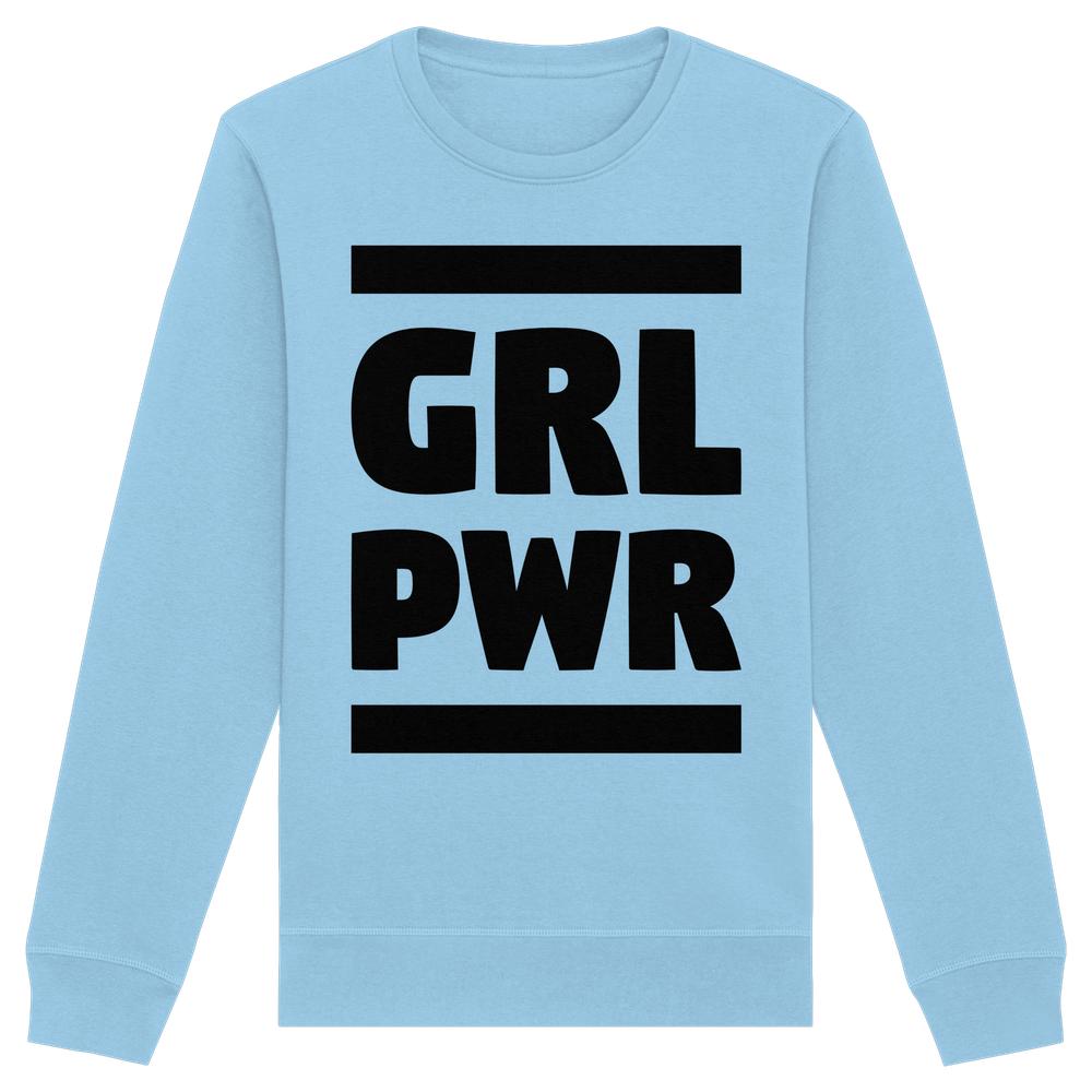 Vegan und Bio Unisex Sweatshirt mit GRL PWR-Design, normaler Schnitt, aus Bio-Baumwolle und recyceltem Polyester, von RUDE REBEL, verkörpert feministische Stärke.