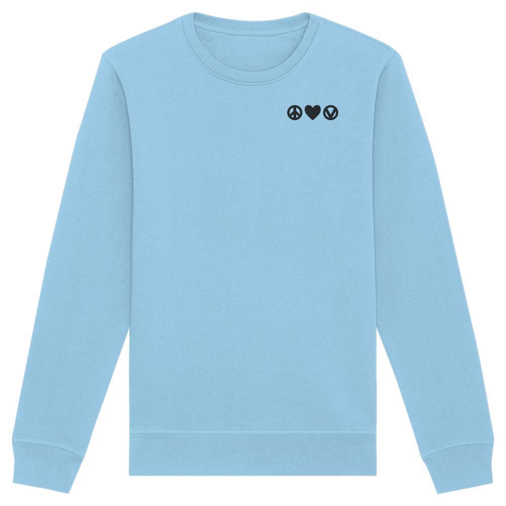 Vegan und Bio Sweatshirt bestickt: Peace - Love - Veganism, hellblau, Langarm, mit kleinen schwarzen Icons für Frieden, Liebe und Veganismus auf der Brust.