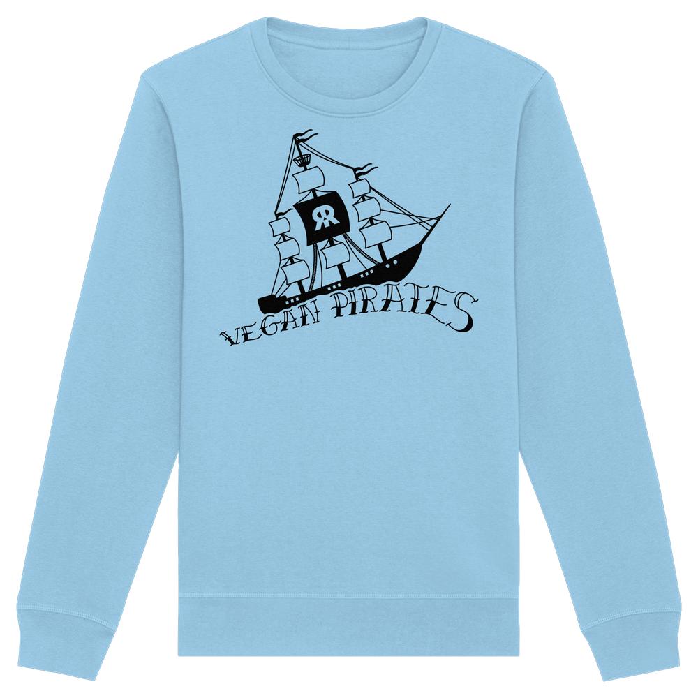Vegan und Bio Unisex Sweatshirt: Vegan Pirates, hellblau mit Segelschiff-Grafik und Schriftzug. Aus Bio-Baumwolle und recyceltem Polyester, normale Passform.