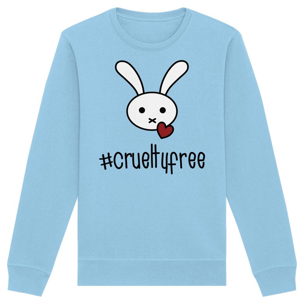 Vegan und Bio Unisex Sweatshirt: Crueltyfree Bunny BIG mit Hashtag, zeigt einen weißen Cartoon-Hasen und Herz, symbolisiert Tierrechte und vegane Ethik.