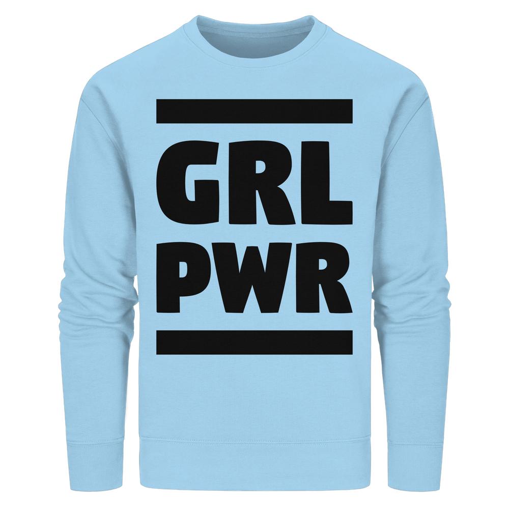 Vegan und Bio Unisex Sweatshirt: GIRL POWER - Design mit feministischem Statement auf hellblauem Crewneck, 85% Biobaumwolle, 15% recyceltem Polyester, normale Passform.