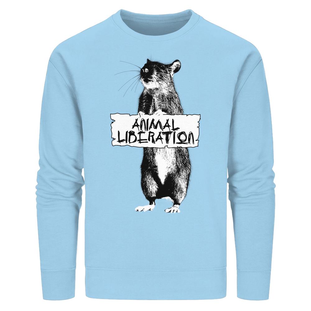 Vegan und Bio Unisex Sweatshirt mit Rattenmotiv, inspiriert von Banksy. Ratte hält Schild mit ANIMAL LIBERATION, aus Bio-Baumwolle und recyceltem Polyester.