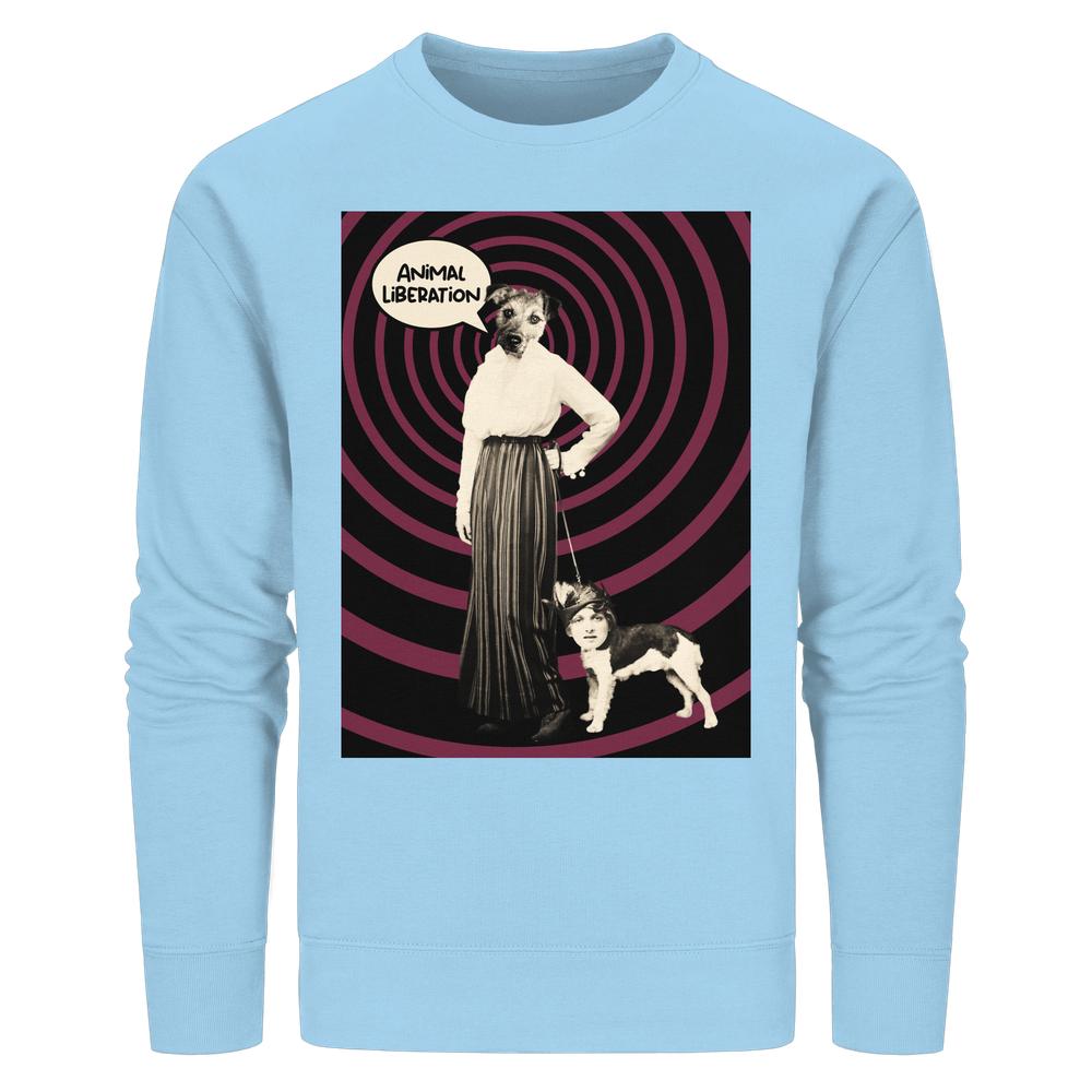 Vegan und Bio Unisex Sweatshirt mit surrealem Collage-Design: Hundekopf-Figur an Leine mit Menschenkopf, umgeben von Spiralen und ANIMAL LIBERATION-Sprechblase.