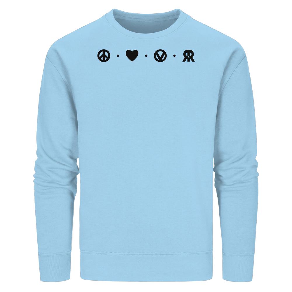 Veganes Unisex-Sweatshirt mit langen Ärmeln, zeigt Friedenszeichen, Herz, veganes Symbol und rebellisches R auf der Brust. Nachhaltig, aus Bio-Baumwolle und recyceltem Polyester.