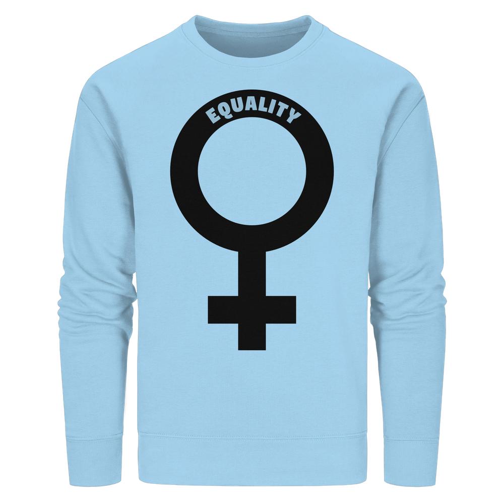Unisex Sweatshirt mit Venus-Symbol und EQUALITY, aus Bio-Baumwolle und recyceltem Polyester, verkörpert feministische Botschaft von RUDE REBEL.