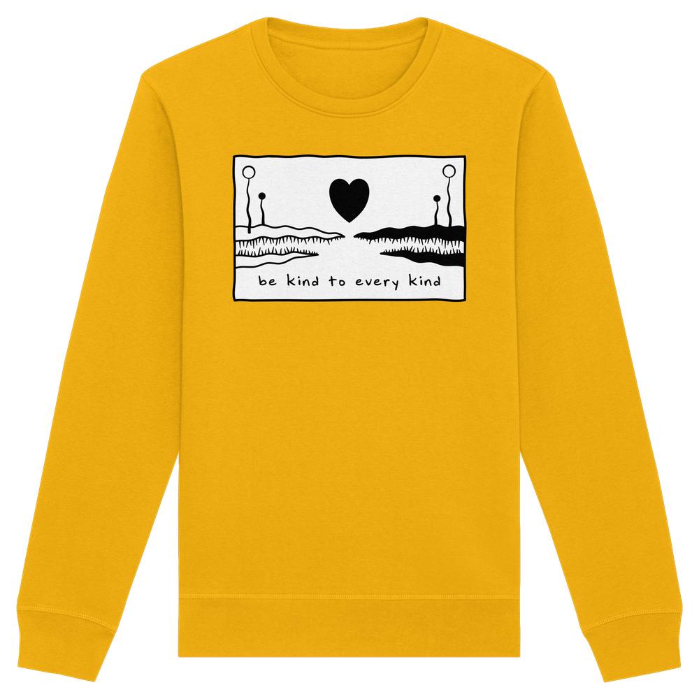 Vegan und Bio Unisex Sweatshirt in Senfgelb mit abstraktem Landschafts-Print und be kind to every kind-Botschaft, betont Tierrechte und Nachhaltigkeit.