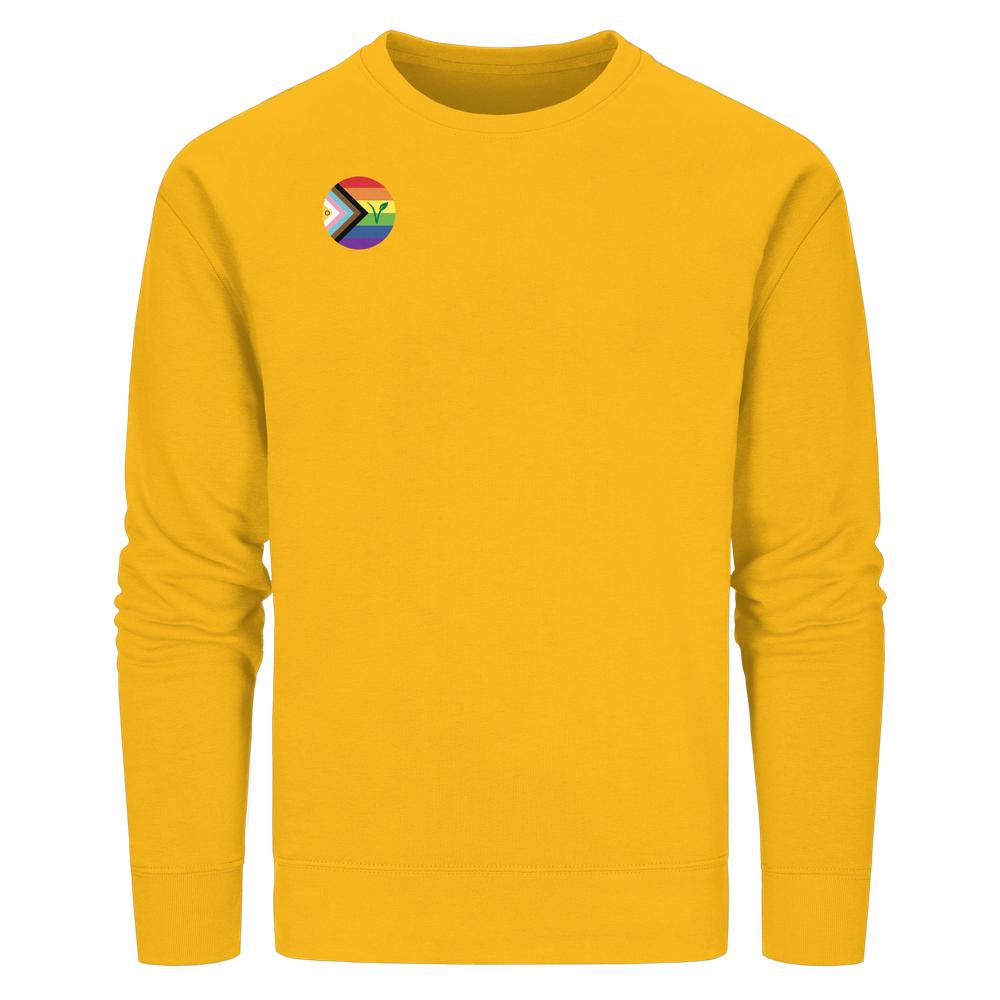 LGBTQIA+ VEGAN: Senfgelbes Sweatshirt mit Progress-Pride-Patch auf der Brust, aus Bio-Baumwolle und recyceltem Polyester, normaler Schnitt, rebellisches Design von RUDE REBEL.