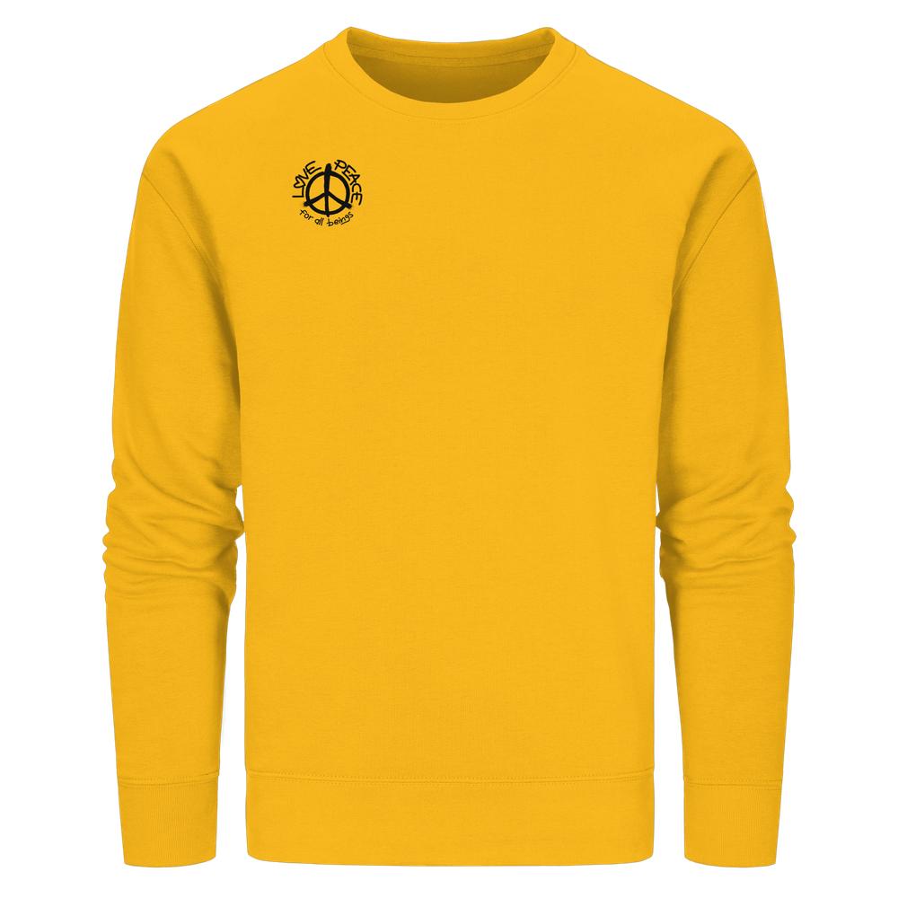Vegan und Bio Unisex Sweatshirt mit kleinem Friedenssymbol und LIVE PEACE for all beings-Slogan auf der Brust, normale Passform, aus Bio-Baumwolle und recyceltem Polyester.