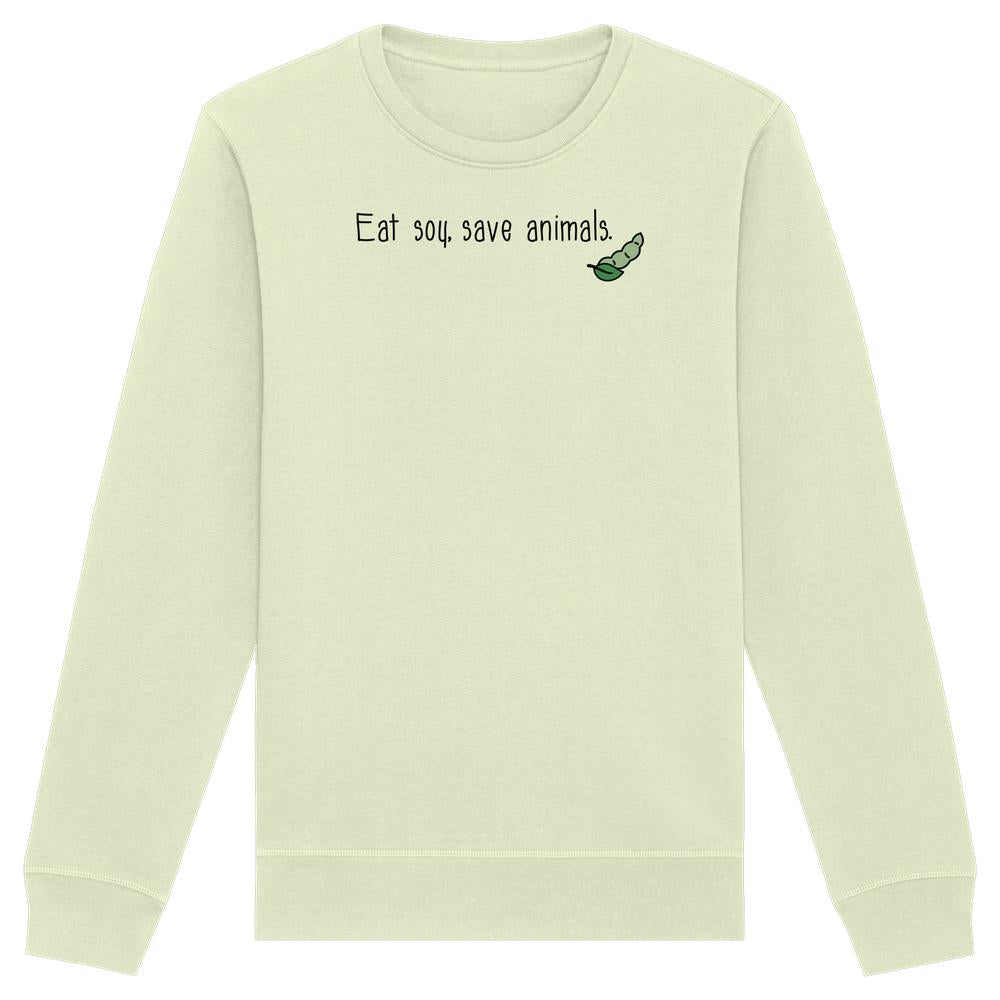 Vegan und Bio Unisex Sweatshirt mit Eat soy, save animals.-Slogan und Sojabohnen-Grafik, aus Bio-Baumwolle und recyceltem Polyester, ideal für tierfreundliche Mode.