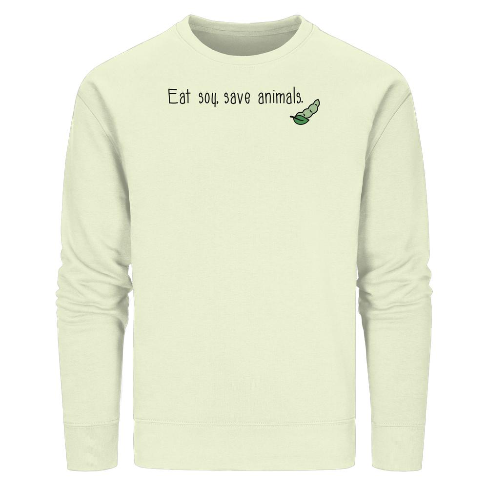 Vegan und Bio Unisex Sweatshirt mit Eat soy, save animals-Slogan und Sojabohnen-Illustration auf der Brust, aus Bio-Baumwolle und recyceltem Polyester.