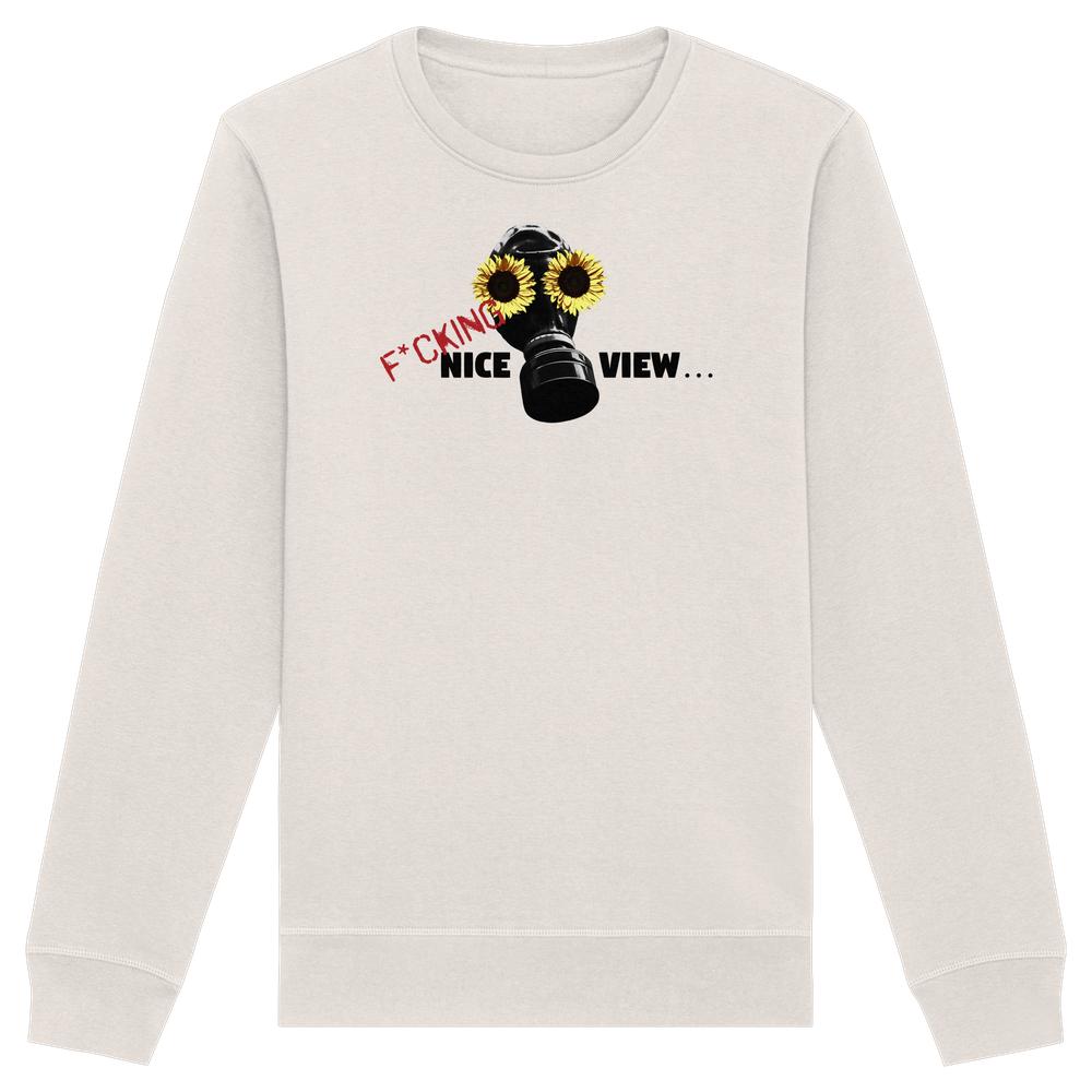 Vegan und Bio Unisex Sweatshirt: Sunflower Mask - F*cking nice view... zeigt Gasmaske mit Sonnenblumen, rebellisch bedruckt, aus Bio-Baumwolle und recyceltem Polyester.