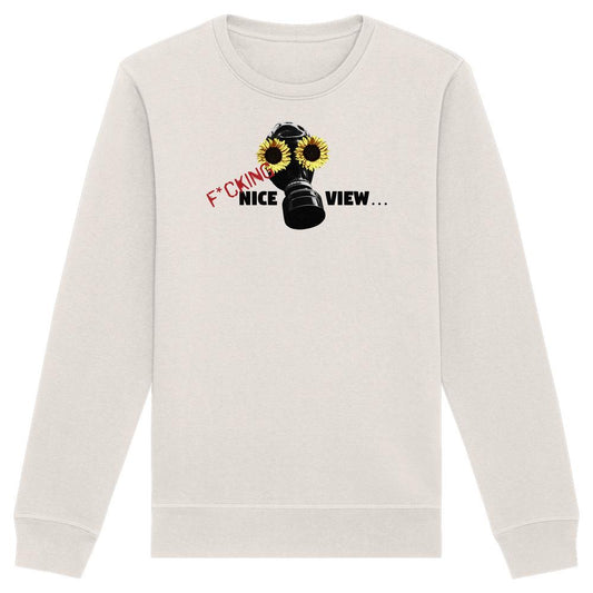 Vegan und Bio Unisex Sweatshirt: Sunflower Mask - F*cking nice view... zeigt Gasmaske mit Sonnenblumen, rebellisch bedruckt, aus Bio-Baumwolle und recyceltem Polyester.