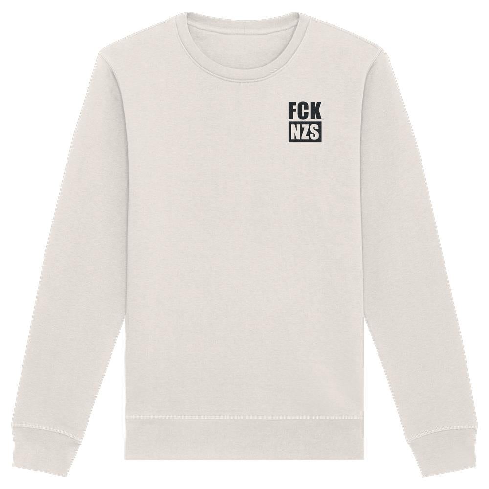Vegan und Bio Sweatshirt bestickt: FCK NZS - Organic Basic Unisex Sweatshirt, hellbeige, mit langem Arm und kleinem Brustprint, aus Bio-Baumwolle und recyceltem Polyester.