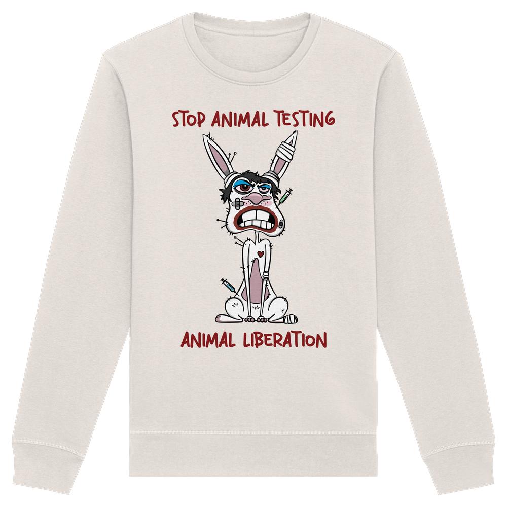 Unisex Sweatshirt mit wütendem Laborhasen, STOP ANIMAL TESTING und ANIMAL LIBERATION Text, aus Bio-Baumwolle und recyceltem Polyester, von RUDE REBEL.