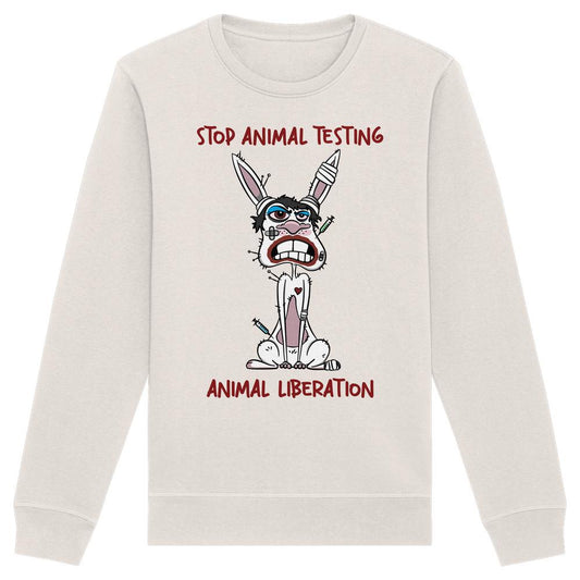 Unisex Sweatshirt mit wütendem Laborhasen, STOP ANIMAL TESTING und ANIMAL LIBERATION Text, aus Bio-Baumwolle und recyceltem Polyester, von RUDE REBEL.