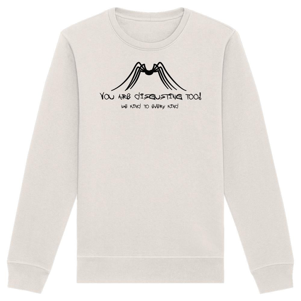 Vegan und Bio Unisex Sweatshirt mit stilisiertem Spinnendruck und Spruch Be kind to every kind, aus Bio-Baumwolle und recyceltem Polyester, normale Passform.