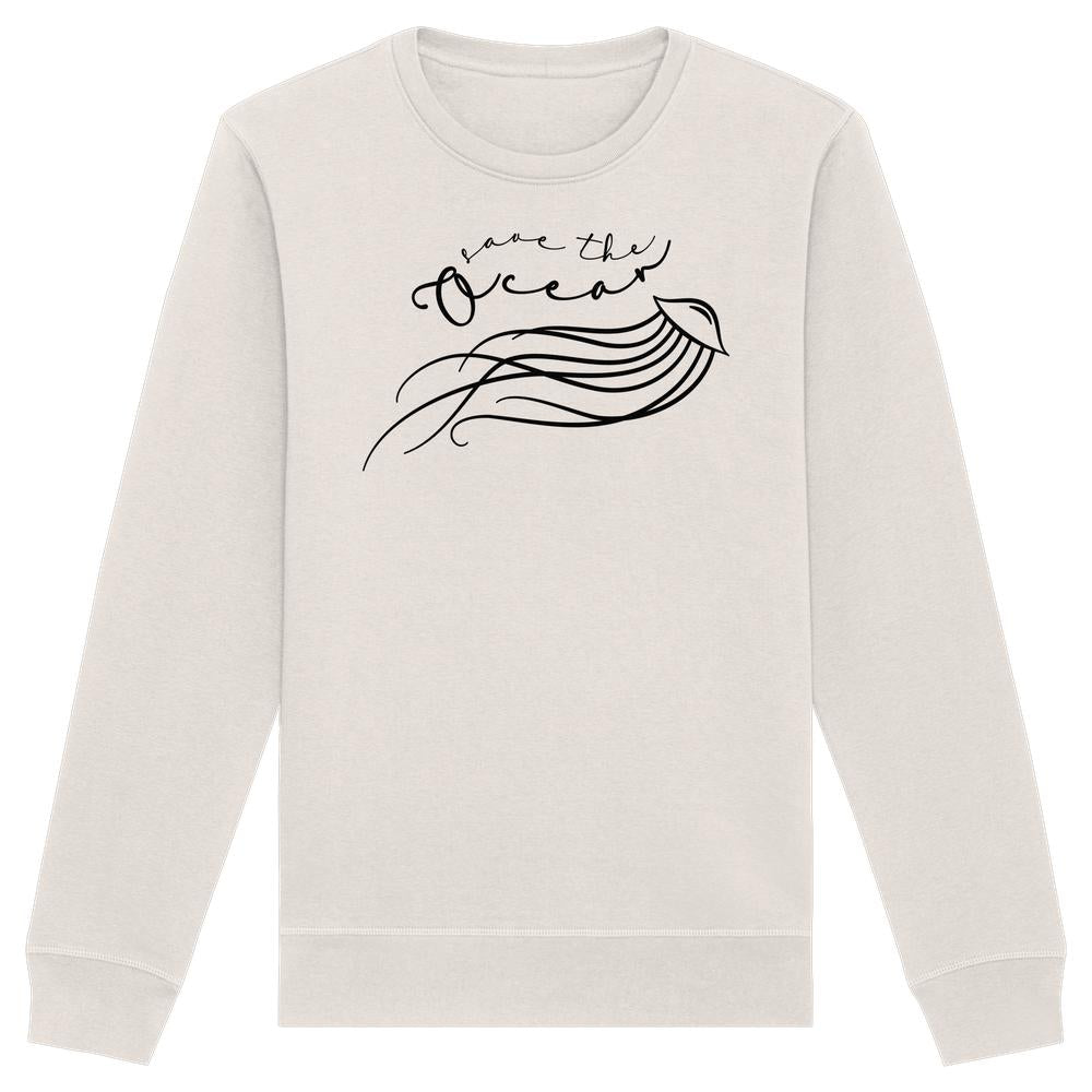Vegan und Bio Unisex Sweatshirt: Jellyfish - Save the Ocean, zeigt stilisierte Qualle mit save the ocean Schriftzug, aus biobaumwolle und recyceltem Polyester, normale Passform.