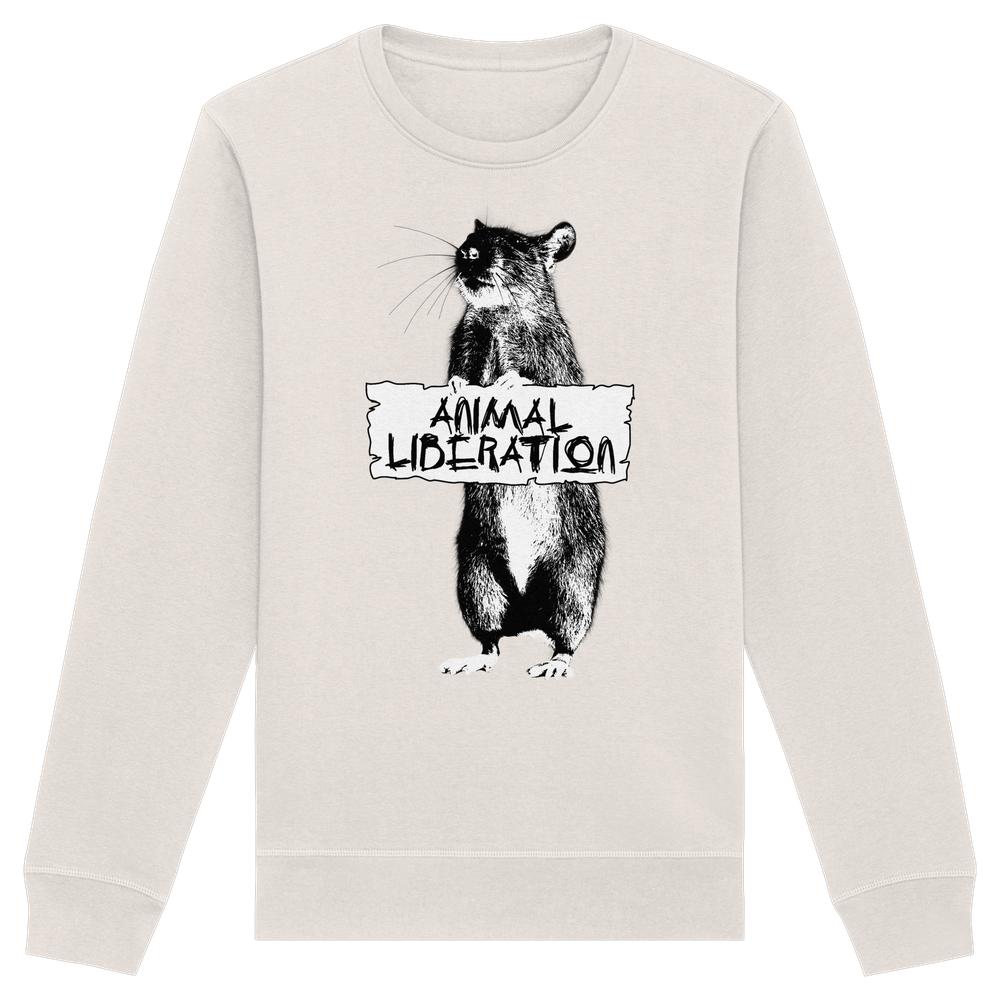 Unisex Sweatshirt: Rat for Animal Liberation mit Banksy-inspirierter Ratten-Grafik, das ein Protestzeichen hält. Hergestellt aus Bio-Baumwolle und recyceltem Polyester.