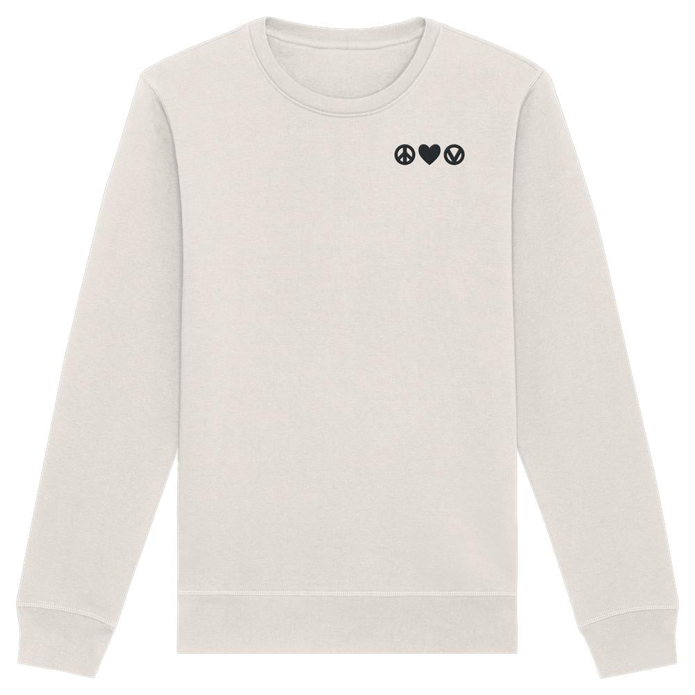 Vegan und Bio Sweatshirt bestickt: Peace - Love - Veganism, schlichtes Design mit kleinen Icons auf der Brust, aus Bio-Baumwolle und recyceltem Polyester, von RUDE REBEL.