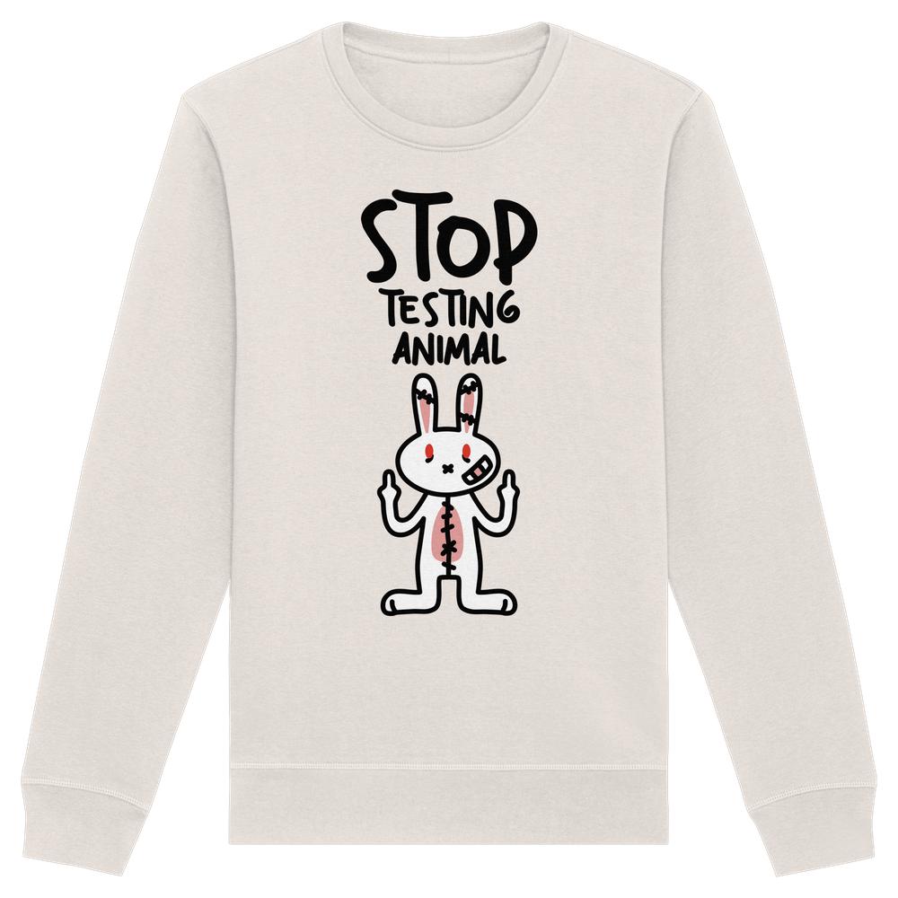 Vegan und Bio: Angry Rabbit - Animal Rights - Organic Basic Unisex Sweatshirt mit einem cartoonhaften Laborhasenmotiv, das Tierversuchen trotzt.