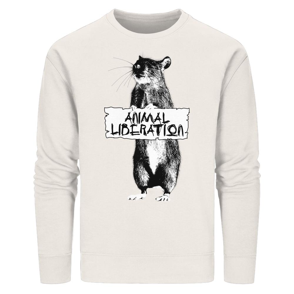 Vegan und Bio Unisex Sweatshirt: Rat for Animal Liberation, zeigt ein Banksy-inspiriertes, schwarz-weißes Rattenmotiv mit ANIMAL LIBERATION-Schild, auf nachhaltigem, komfortablem Material.