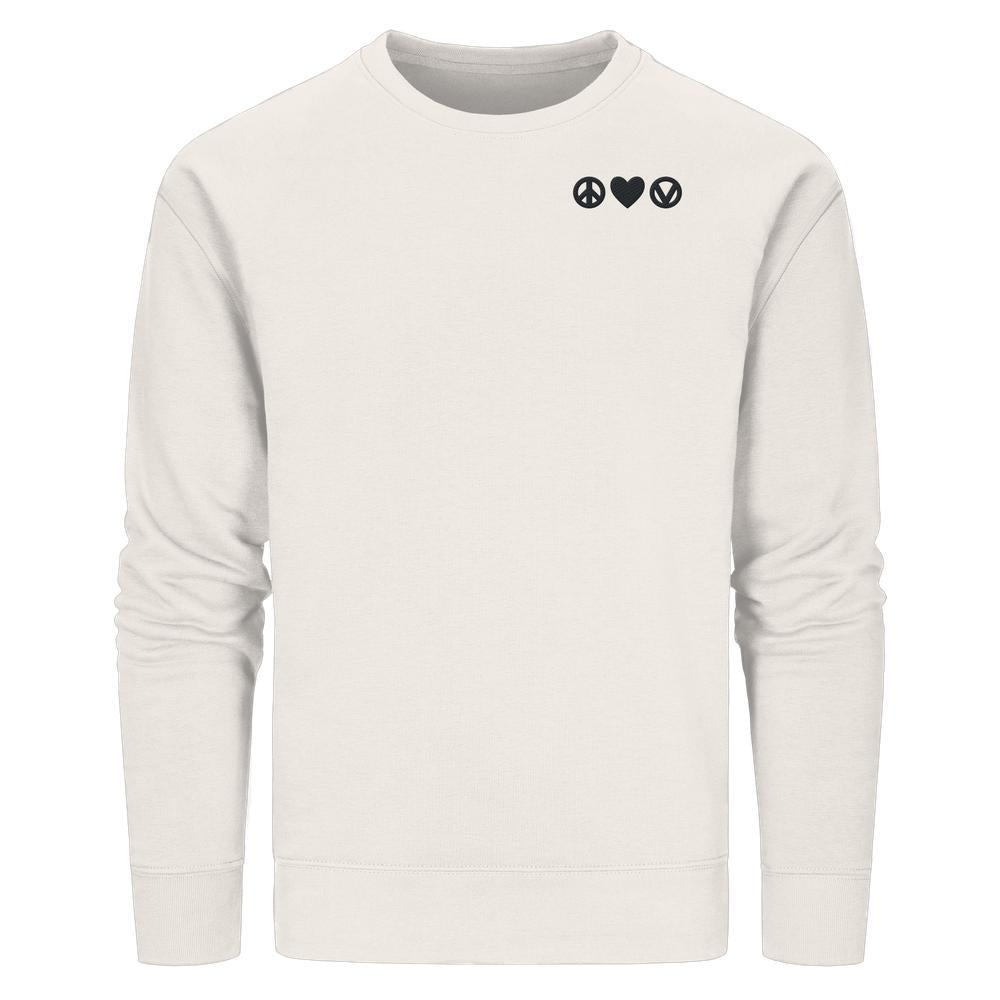 Vegan und Bio Sweatshirt bestickt: Peace - Love - Veganism. Weißes Langarm-Sweatshirt mit schwarzen Symbolen: Friedenszeichen, Herz, vegan. Bio-Baumwolle und recyceltes Polyester, normaler Schnitt.