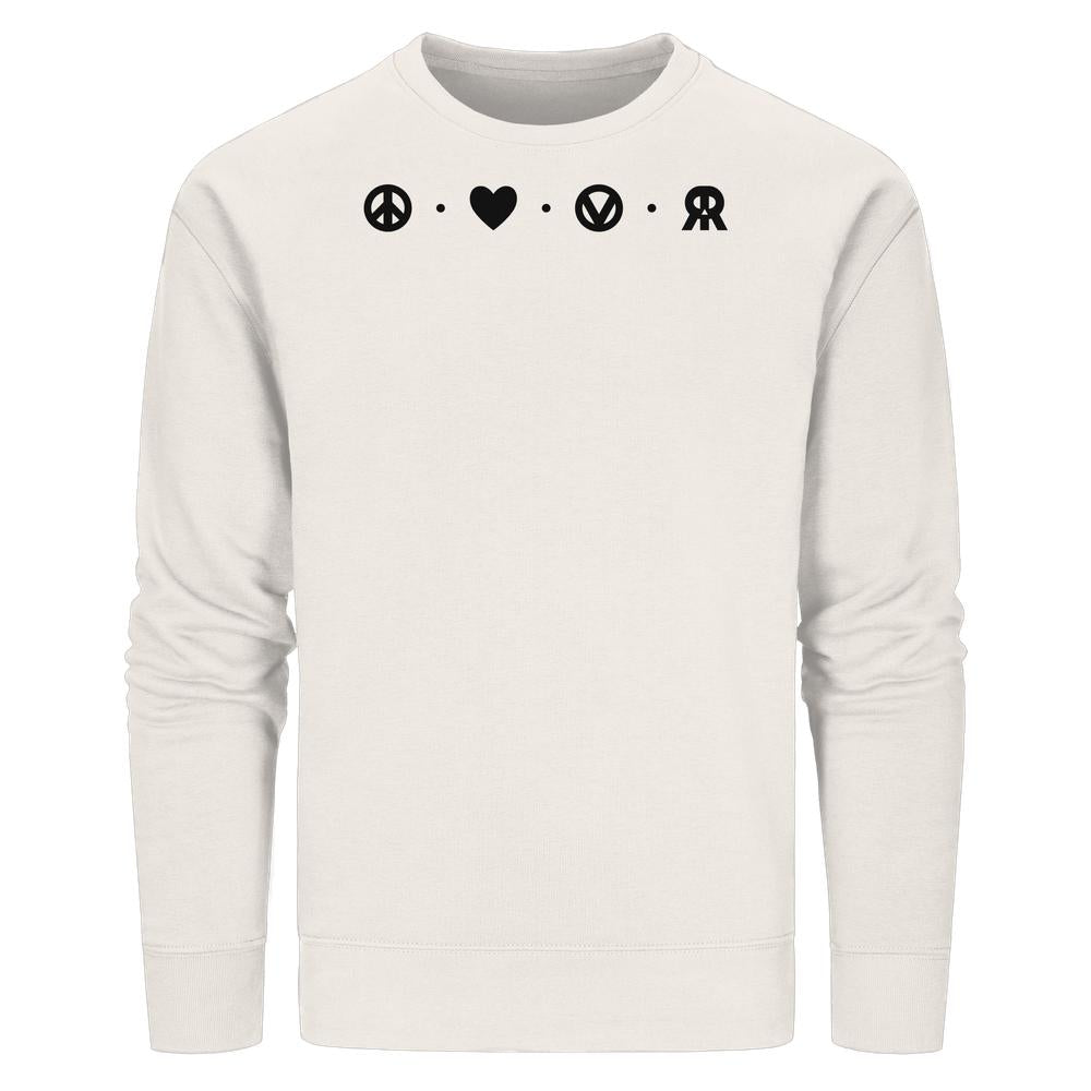 Vegan und Bio Unisex Sweatshirt mit Peace - Love - Veganism - RUDE REBEL Grafik, vereint Friedfertigkeit, Liebe, veganen Lebensstil und rebellische Haltung.