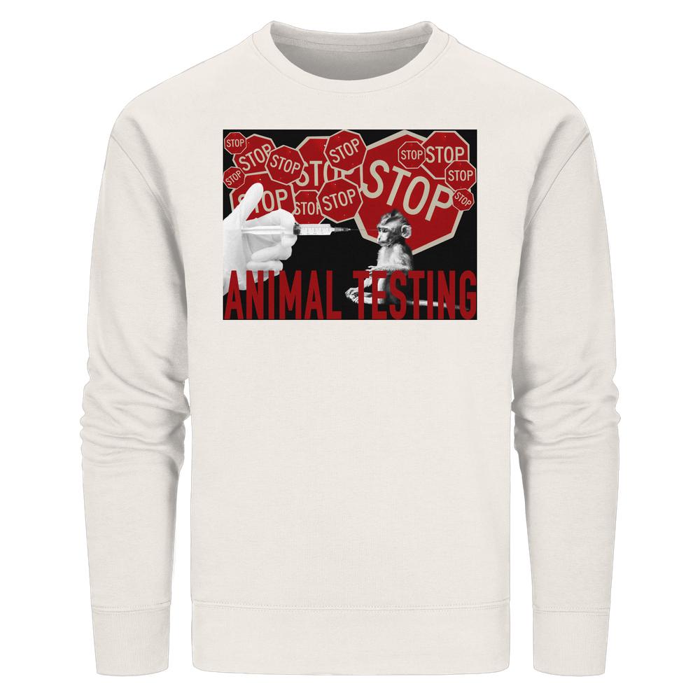 Vegan und Bio Unisex Side Pocket Hoodie: STOP ANIMAL TESTING! mit Anti-Tierversuchsdesign, zeigt STOP-Schilder, Spritze und Affe, aus Bio-Baumwolle und recyceltem Polyester.