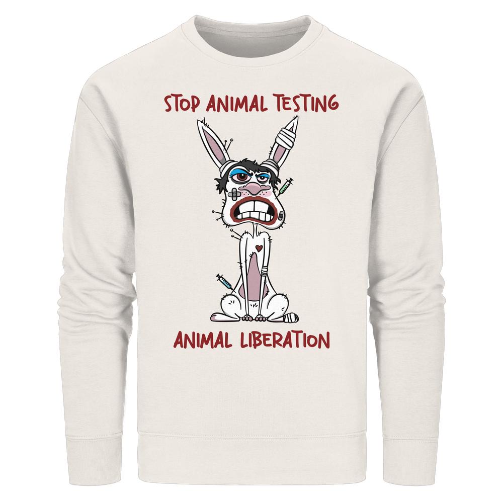 Vegan und Bio Unisex Sweatshirt mit gezeichnetem, verletztem Kaninchen und Botschaft STOP ANIMAL TESTING. Symbolisiert Tierrechtsaktivismus und tierversuchsfreie Produkte von RUDE REBEL.