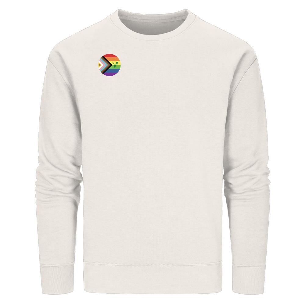 LGBTQIA+ VEGAN Sweatshirt mit kleinem Progress-Pride-Emblem auf der Brust, aus Bio-Baumwolle und recyceltem Polyester, von RUDE REBEL.