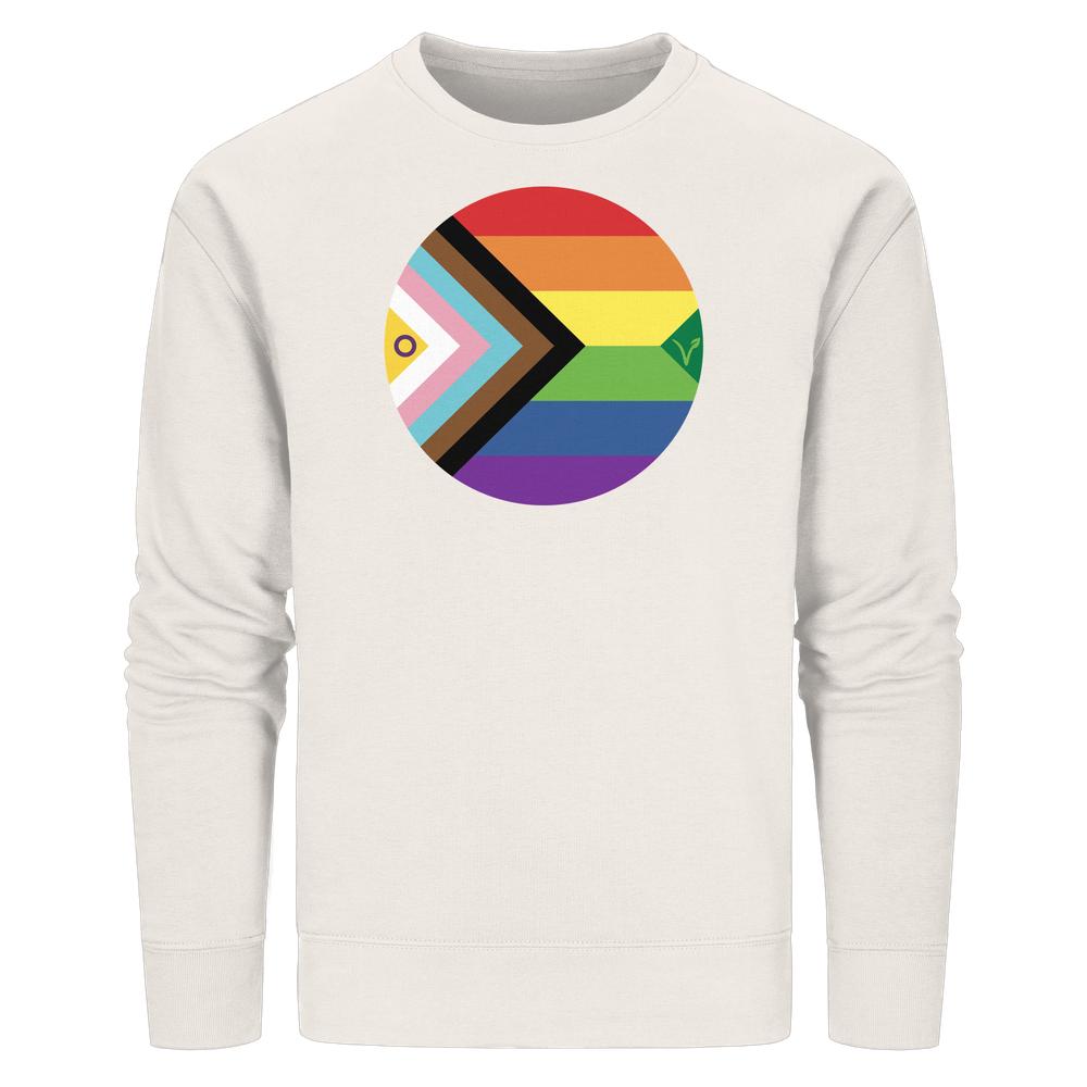 Unisex-Sweatshirt mit langem Ärmel, zeigt ein kreisförmiges LGBTQAI+ Progress-Pride-Design mit veganem Symbol, aus Bio-Baumwolle und recyceltem Polyester.