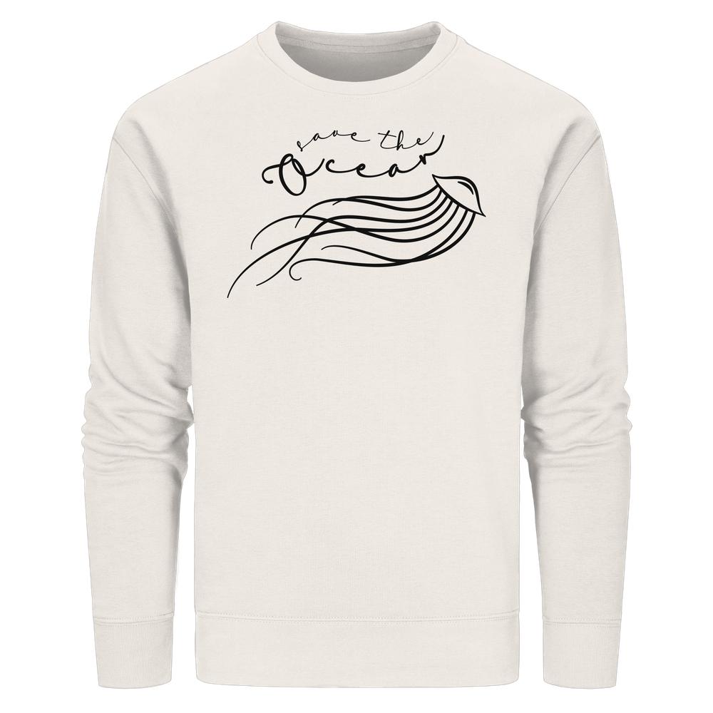 Vegan und Bio Unisex Sweatshirt: Jellyfish - Save the Ocean; cremefarbenes Sweatshirt mit schwarzem, minimalistischem Quallenmotiv und Save the Ocean-Slogan auf der Brust.