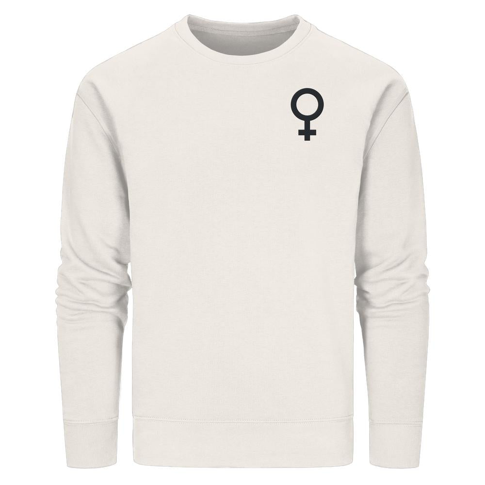 Vegan und Bio Sweatshirt bestickt: Das Venussymbol - der feministische Kampf. Ein schlichtes, hellbeiges Crewneck mit schwarzem Venussymbol links auf der Brust, lange Ärmel.