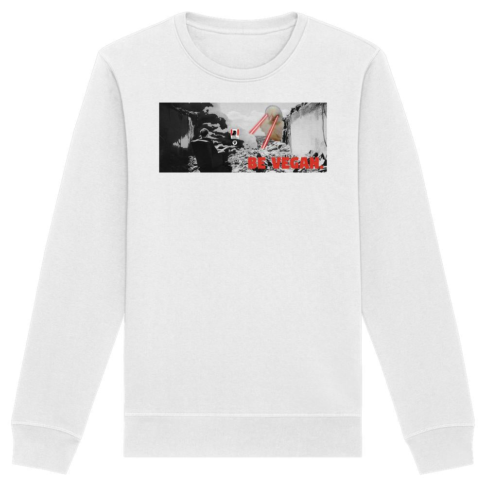 Vegan und Bio Sweatshirt: BE VEGAN. - Angry bird. Weißes Sweatshirt mit apokalyptischem Motiv und rotem BE VEGAN. Schriftzug, aus Bio-Baumwolle und recyceltem Polyester.