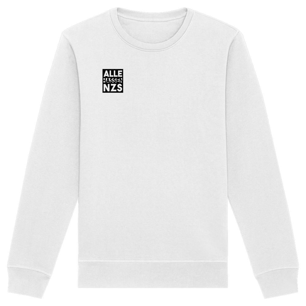 Vegan und Bio Unisex Sweatshirt: ALLE HASSEN NZS! Weißes Langarmshirt mit schwarzem Brustdruck, nachhaltige Materialien aus Biobaumwolle und recyceltem Polyester.