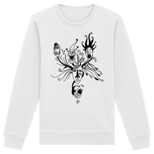 Vegan und Bio Unisex Sweatshirt: Mental Health - Behind the Mask zeigt surrealistische Grafik mit Masken und Herz. Hergestellt aus Bio-Baumwolle und recyceltem Polyester.