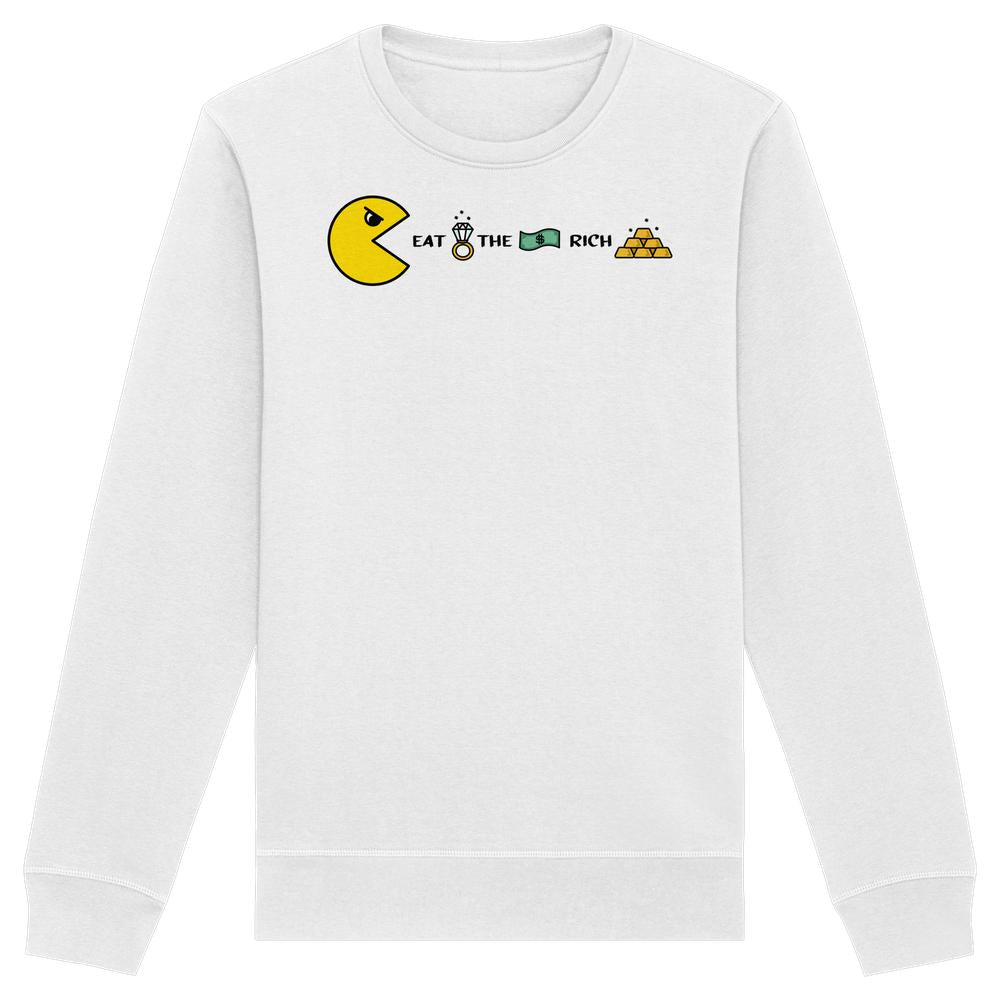 Vegan und Bio Unisex Sweatshirt: PAC-MAN - Eat the rich, mit wütendem Pac-Man, der Reichtumssymbole frisst, aus Bio-Baumwolle und recyceltem Polyester von RUDE REBEL.