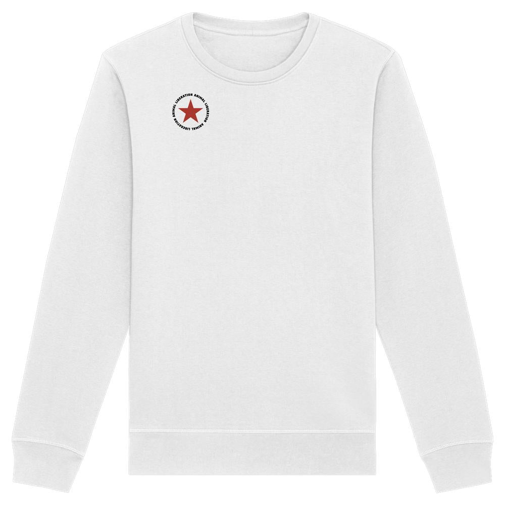 Vegan und Bio Unisex Sweatshirt: Red Star - Animal Liberation, weißes Sweatshirt mit rotem Stern-Logo und ANIMAL LIBERATION Schriftzug, aus Biobaumwolle und recyceltem Polyester, normale Passform.
