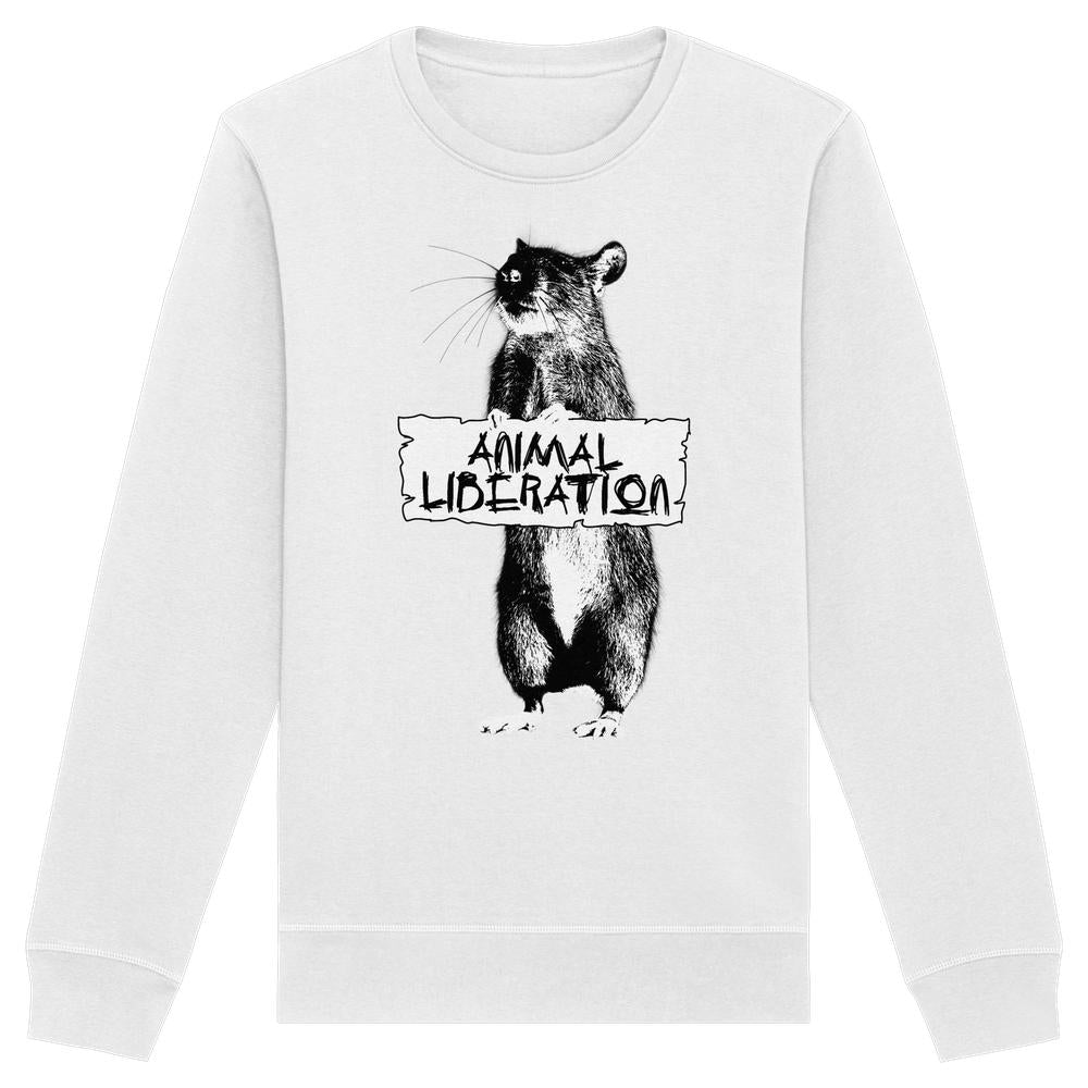 Vegan und Bio Unisex Sweatshirt: Rat for Animal Liberation, mit schwarzem, Banksy-inspiriertem Nagetier-Motiv und Schriftzug „ANIMAL LIBERATION“ auf weißem Sweatshirt aus Bio-Baumwolle und recyceltem Polyester.