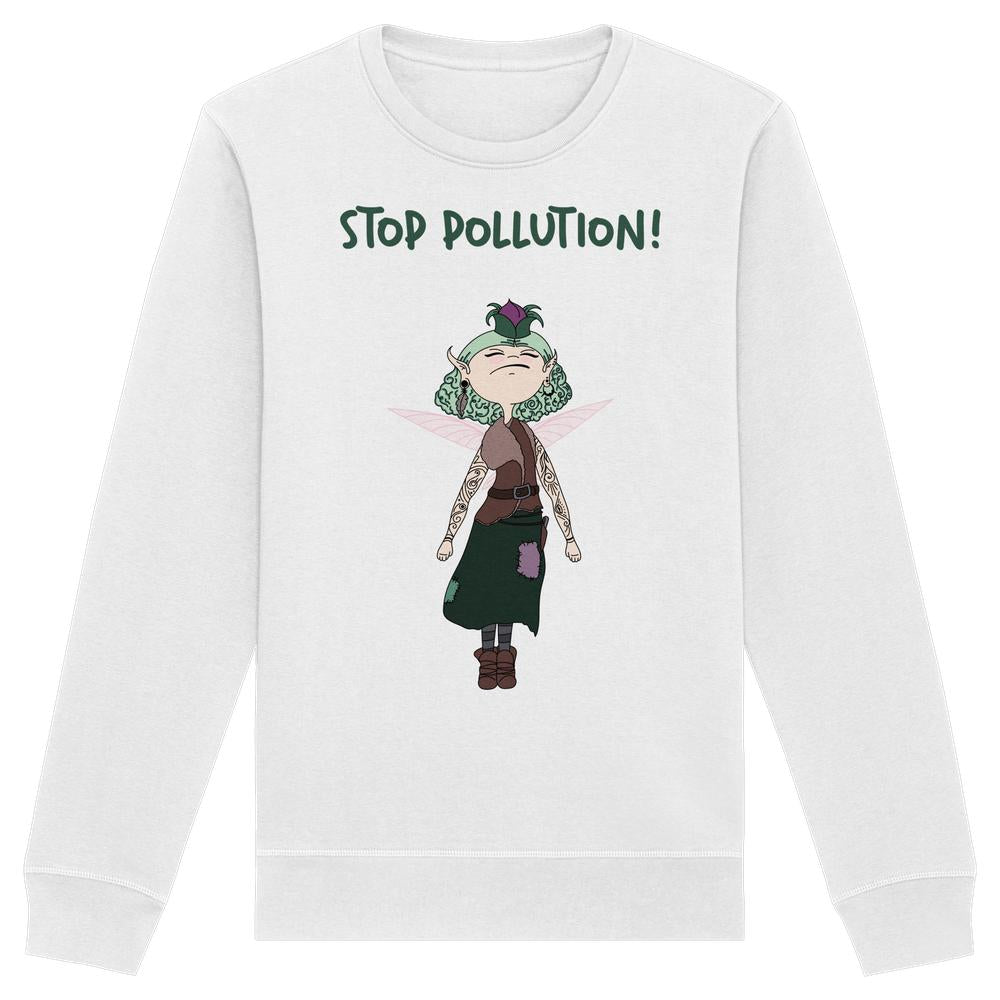 Vegan und Bio Unisex Sweatshirt: STOP POLLUTION! - Krawall Fee mit grünen Haaren, pinken Flügeln und Tattoo-Design, betont Umweltbewusstsein und Nachhaltigkeit.