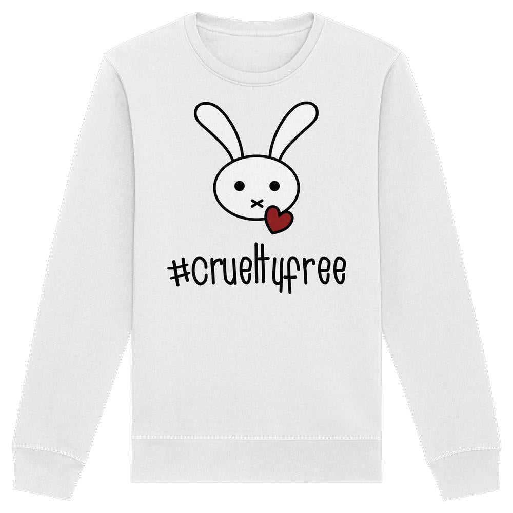 Unisex Sweatshirt mit aufgedrucktem Hasenmotiv und rotem Herz. Material aus Bio-Baumwolle und recyceltem Polyester. Aussagekräftiges, tierschutzfreundliches Design von RUDE REBEL.